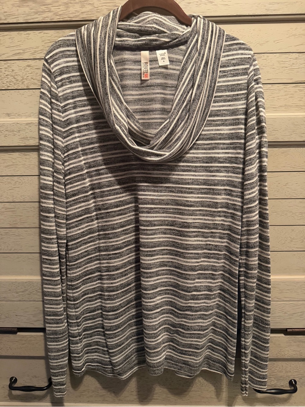 Route 66 Grey & White Striped Cowl Neck Sweater